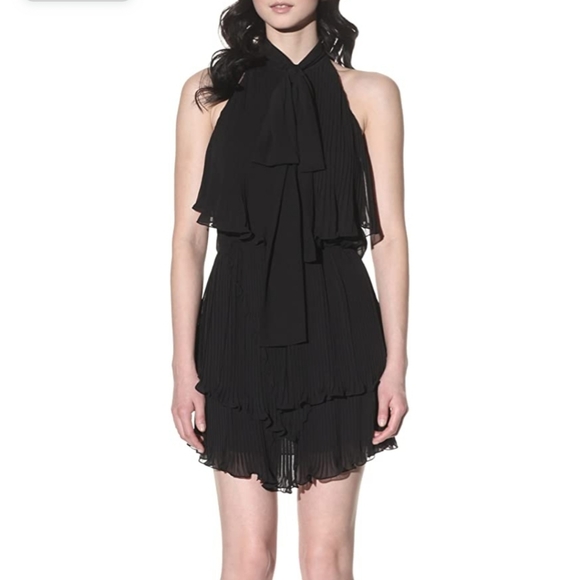 Foley + Corinna Black Tie Neck V Front Trapeze Ruffled Tiered Mini Dress 0/XS - Picture 1 of 7